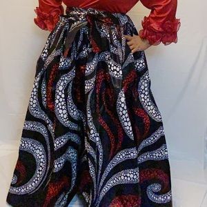 Black, Red and White Swirled Maxi Skirt